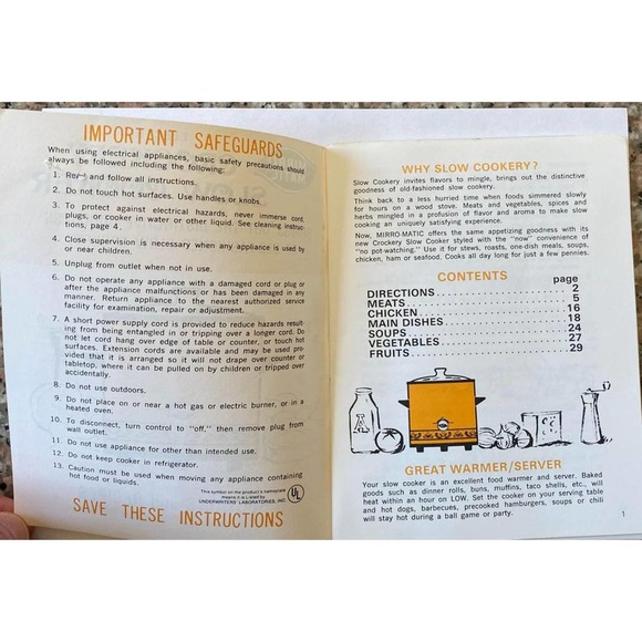 MIRRO-MATIC Electric Slow Cooker Directions And Recipe MANUAL Book - Picture 3 of 10